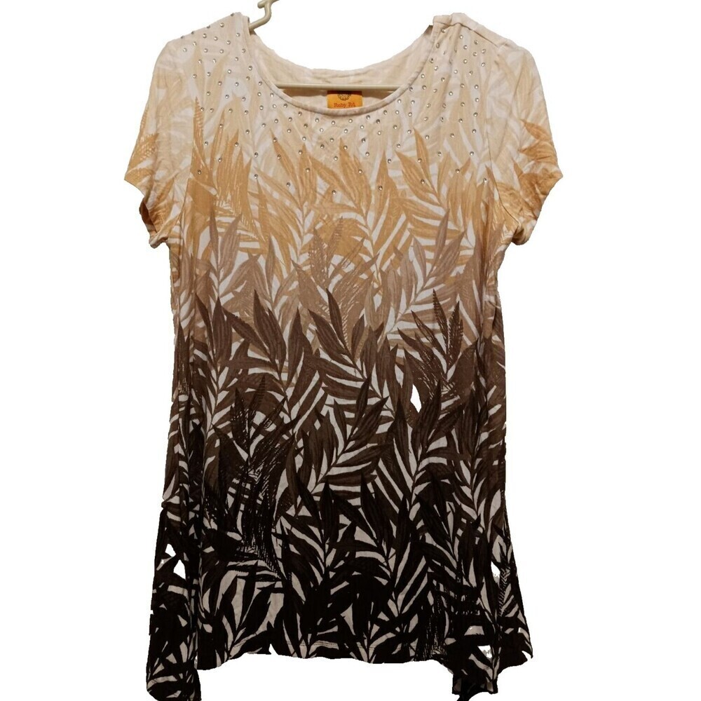 Ruby Rd Floral Blouse Top Short Sleeve Overlay Beads Orange Brown Size S